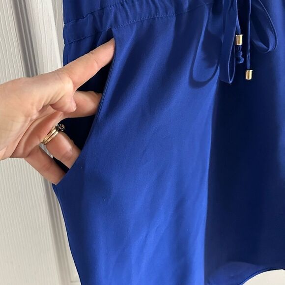 AU Amanda Uprichard Royal Blue 100% Silk Sleeveless Drawstring Waist Mini Dress - Picture 4 of 12